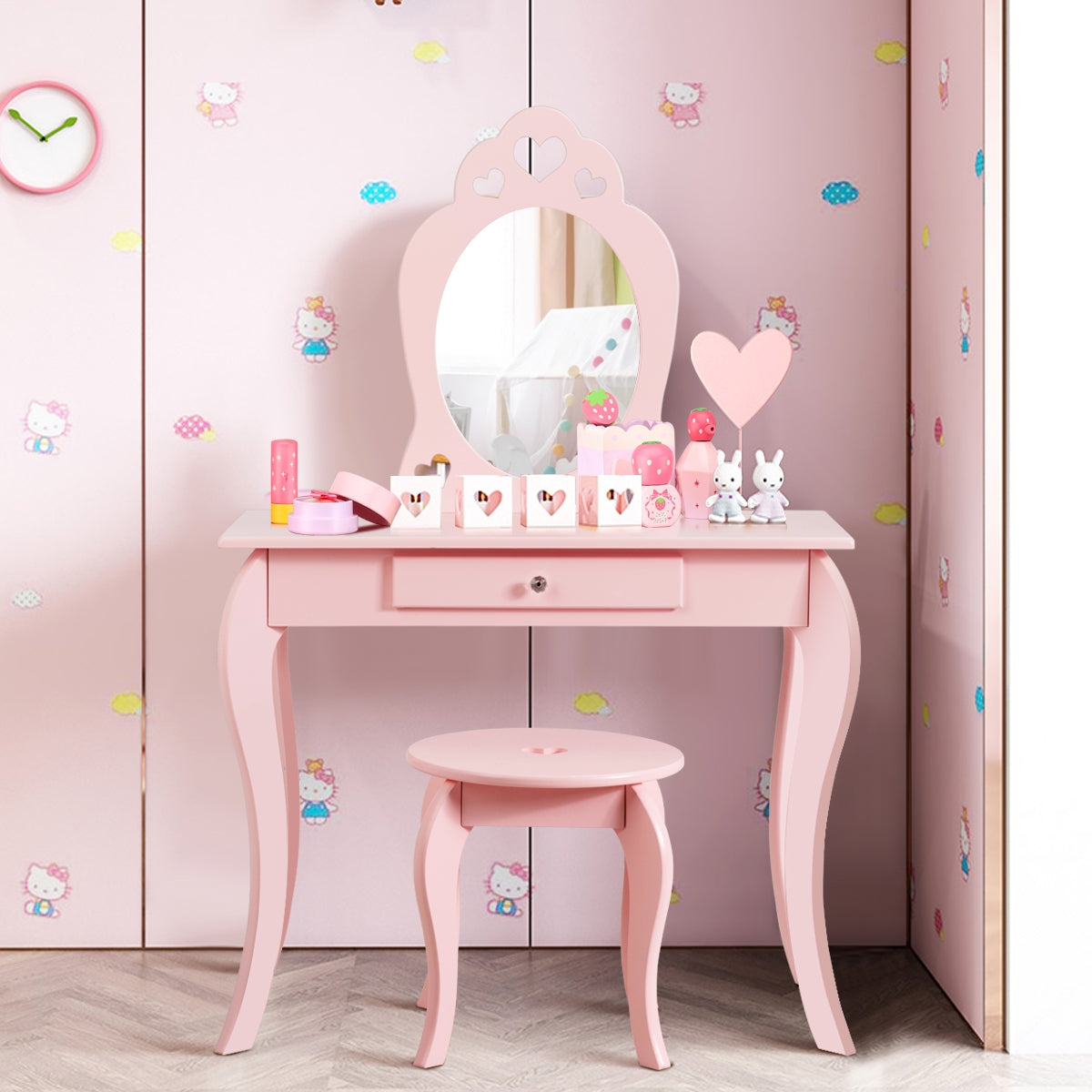 Tocador 2 en 1 con Superficie Desmontable Espejo y Cajón para Niñas Rosa 70 x 34 x 105 cm
