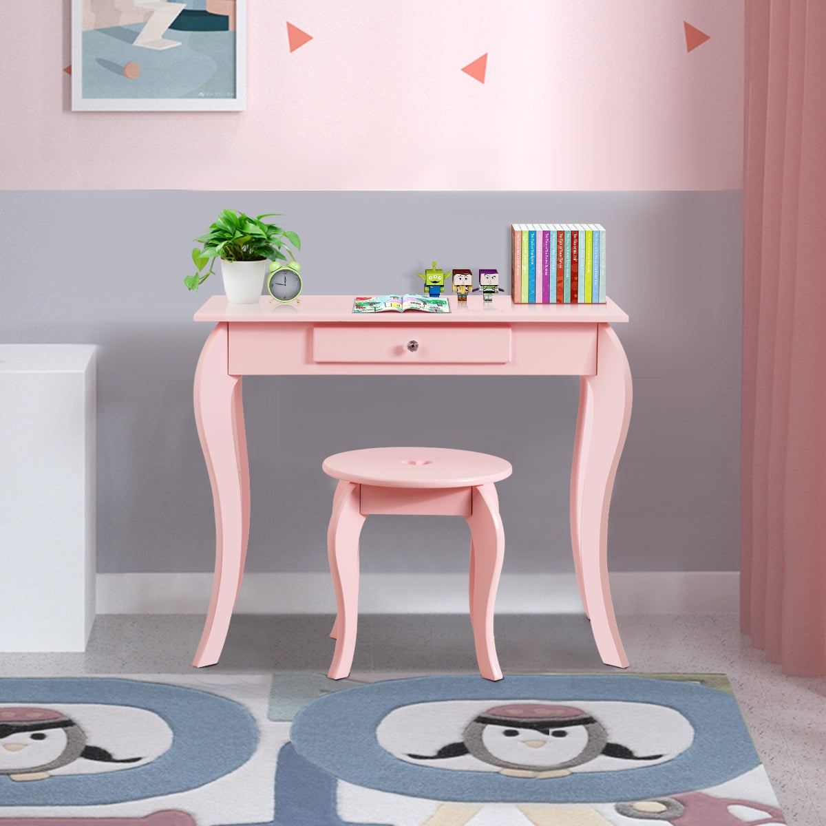 Tocador 2 en 1 con Superficie Desmontable Espejo y Cajón para Niñas Rosa 70 x 34 x 105 cm
