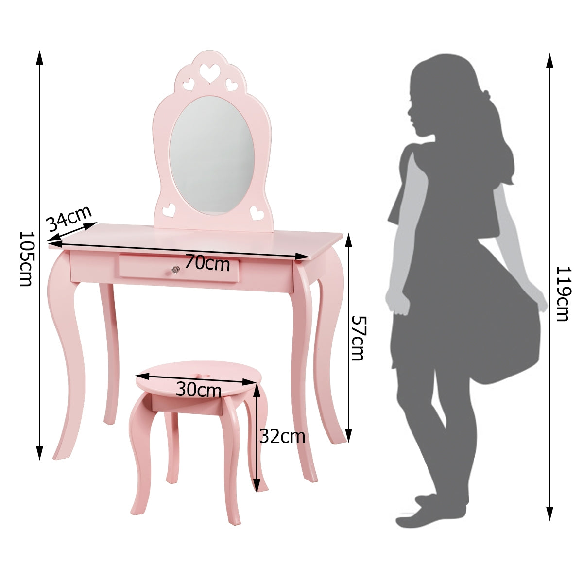 Tocador 2 en 1 con Superficie Desmontable Espejo y Cajón para Niñas Rosa 70 x 34 x 105 cm