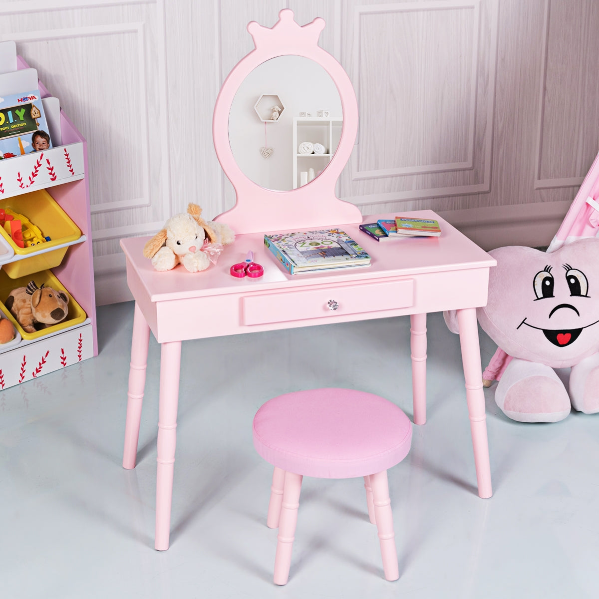 Tocador para Niños Maquillarse con Cajones y Taburete Acolchado Rosa 70 x 34 x 101 cm