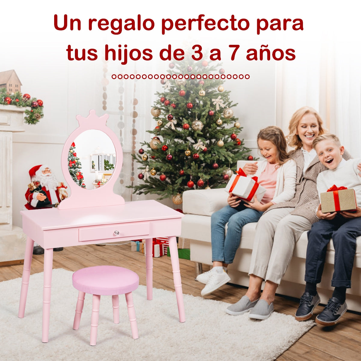 Tocador para Niños Maquillarse con Cajones y Taburete Acolchado Rosa 70 x 34 x 101 cm