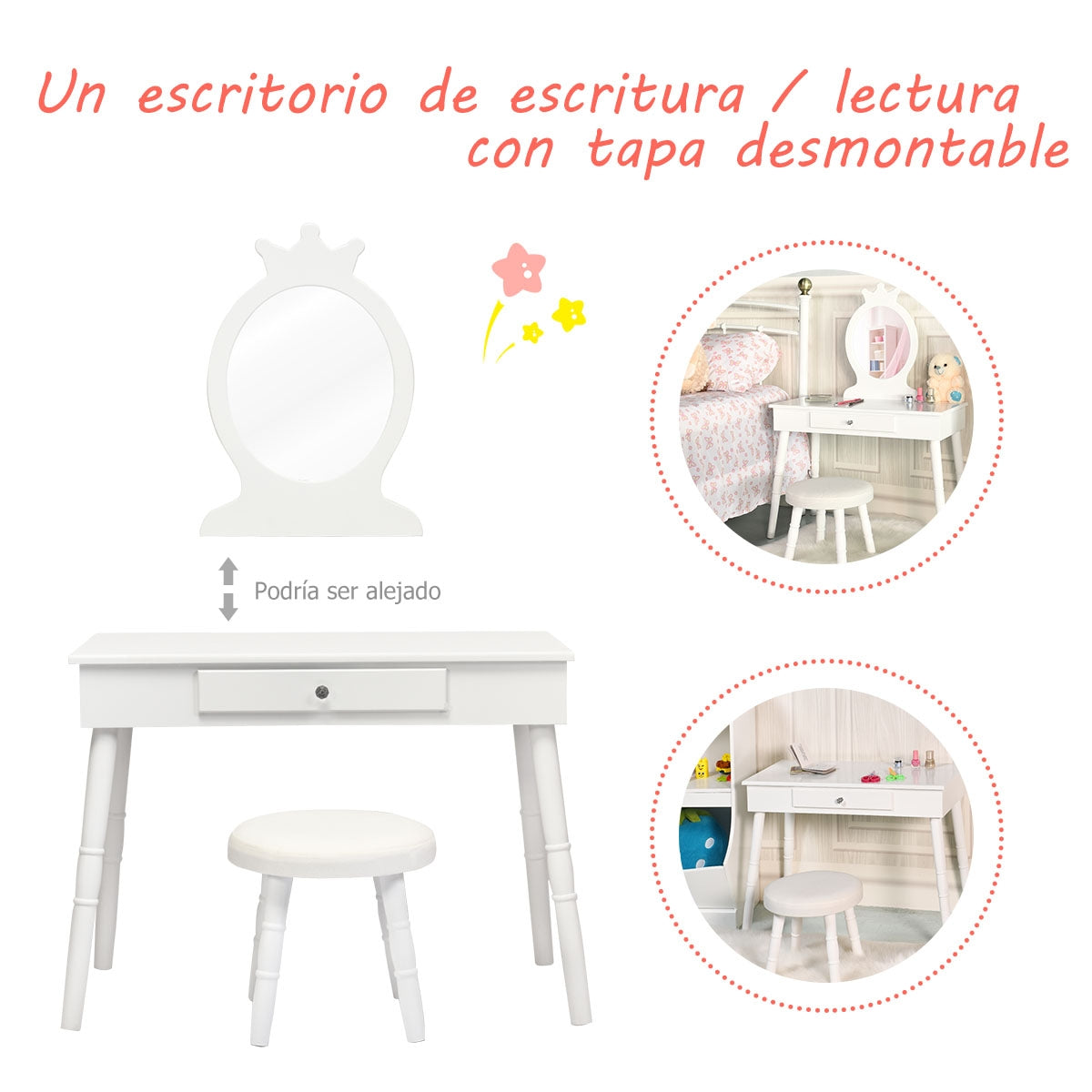 Set Mesa y Silla Tocador para Niños con Espejo y Cajones para Maquillarse Blanco 70 x 34 x 100 cm