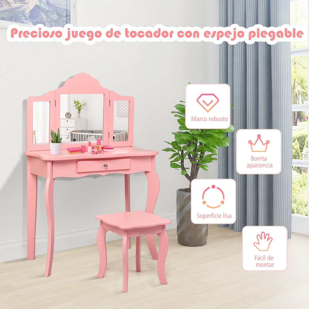 Set Tocador para Niños con Taburete Espejo Plegable en 3 Partes y Cajón Rosa 70 x 34 x 104 cm