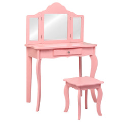 Set Tocador para Niños con Taburete Espejo Plegable en 3 Partes y Cajón Rosa 70 x 34 x 104 cm