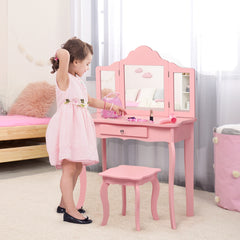 Set Tocador para Niños con Taburete Espejo Plegable en 3 Partes y Cajón Rosa 70 x 34 x 104 cm