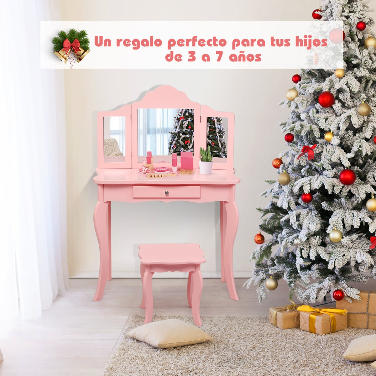 Set Tocador para Niños con Taburete Espejo Plegable en 3 Partes y Cajón Rosa 70 x 34 x 104 cm