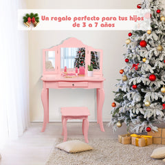 Set Tocador para Niños con Taburete Espejo Plegable en 3 Partes y Cajón Rosa 70 x 34 x 104 cm