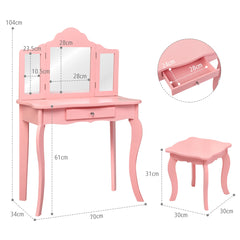 Set Tocador para Niños con Taburete Espejo Plegable en 3 Partes y Cajón Rosa 70 x 34 x 104 cm