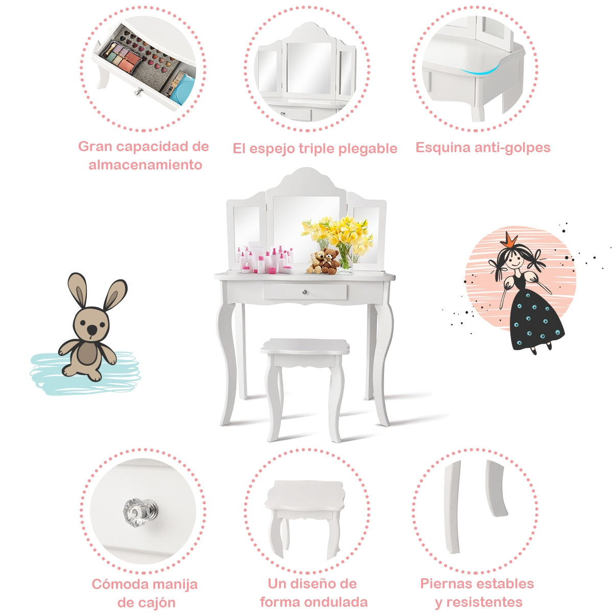 Set Tocador para Niños con Taburete Espejo Plegable en 3 Partes y Cajón Blanco 70 x 34 x 104 cm