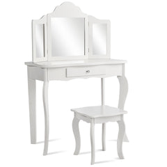 Set Tocador para Niños con Taburete Espejo Plegable en 3 Partes y Cajón Blanco 70 x 34 x 104 cm