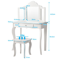 Set Tocador para Niños con Taburete Espejo Plegable en 3 Partes y Cajón Blanco 70 x 34 x 104 cm