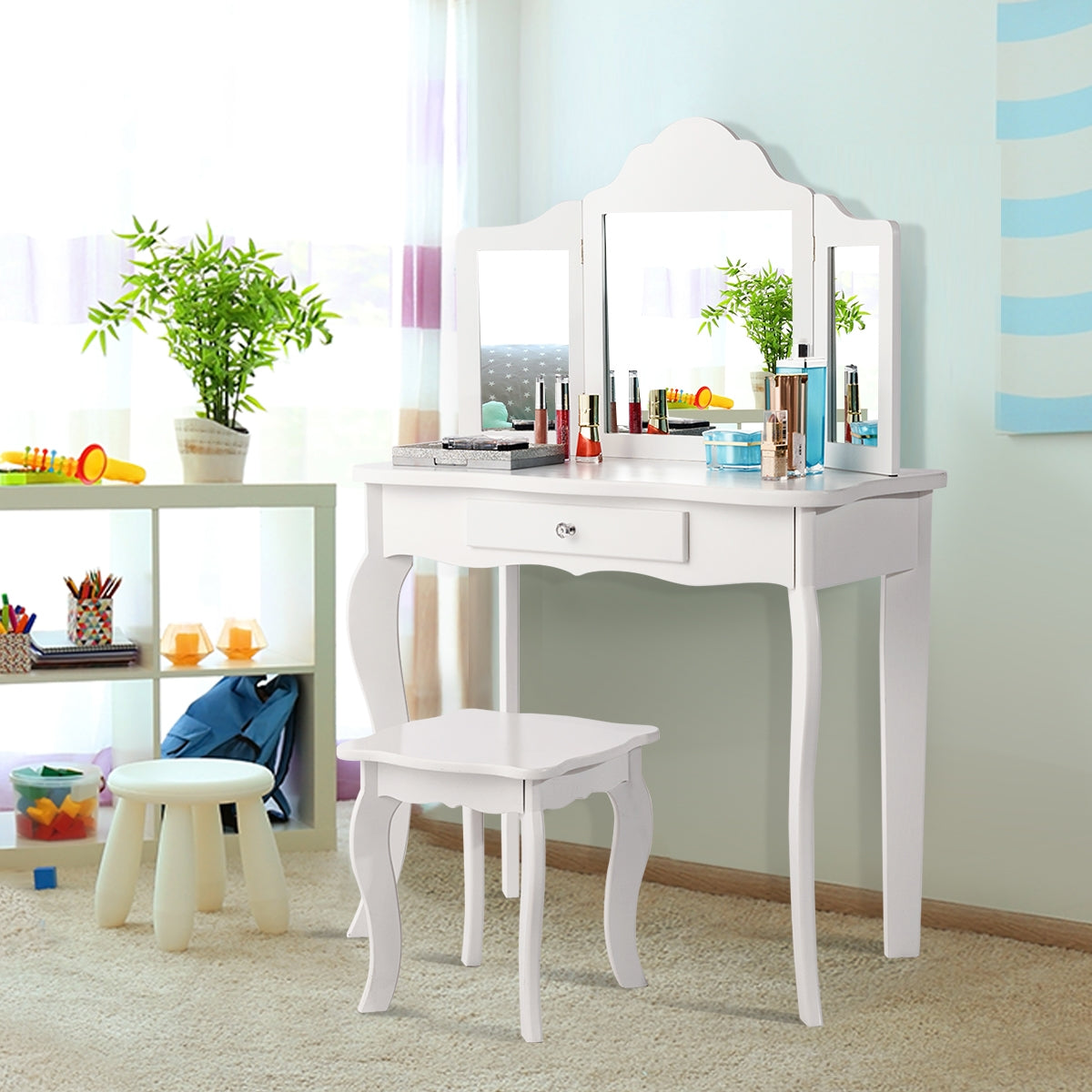Set Tocador para Niños con Taburete Espejo Plegable en 3 Partes y Cajón Blanco 70 x 34 x 104 cm