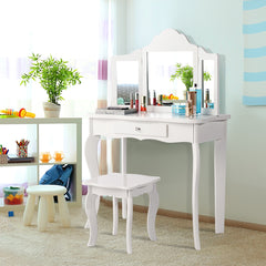 Set Tocador para Niños con Taburete Espejo Plegable en 3 Partes y Cajón Blanco 70 x 34 x 104 cm
