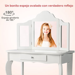Set Tocador para Niños con Taburete Espejo Plegable en 3 Partes y Cajón Blanco 70 x 34 x 104 cm