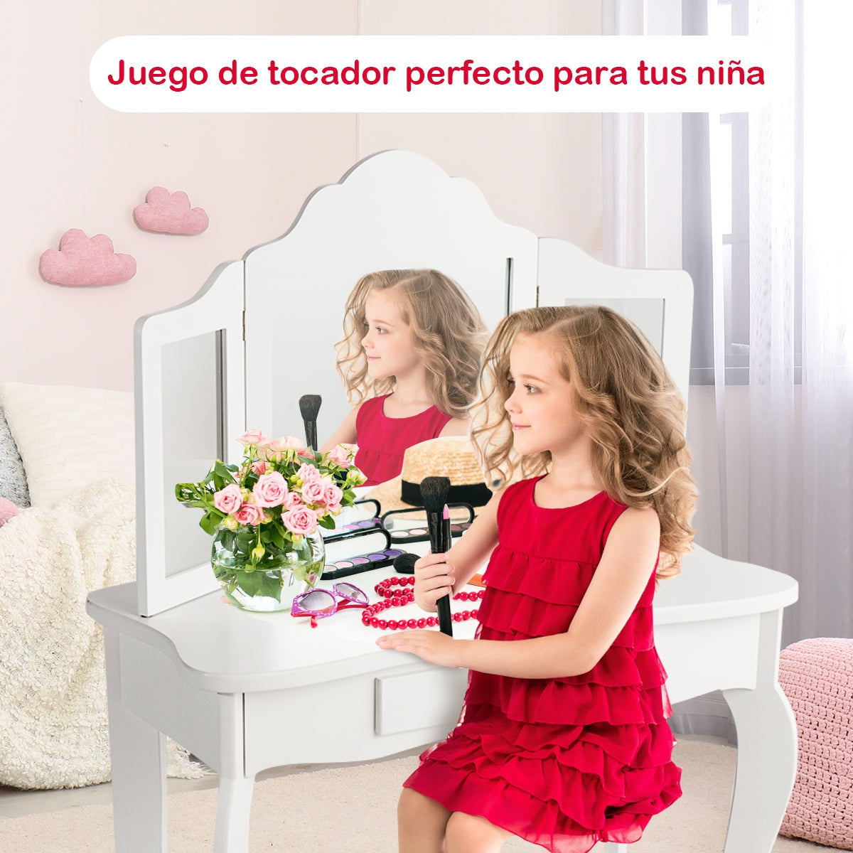 Set Tocador para Niños con Taburete Espejo Plegable en 3 Partes y Cajón Blanco 70 x 34 x 104 cm