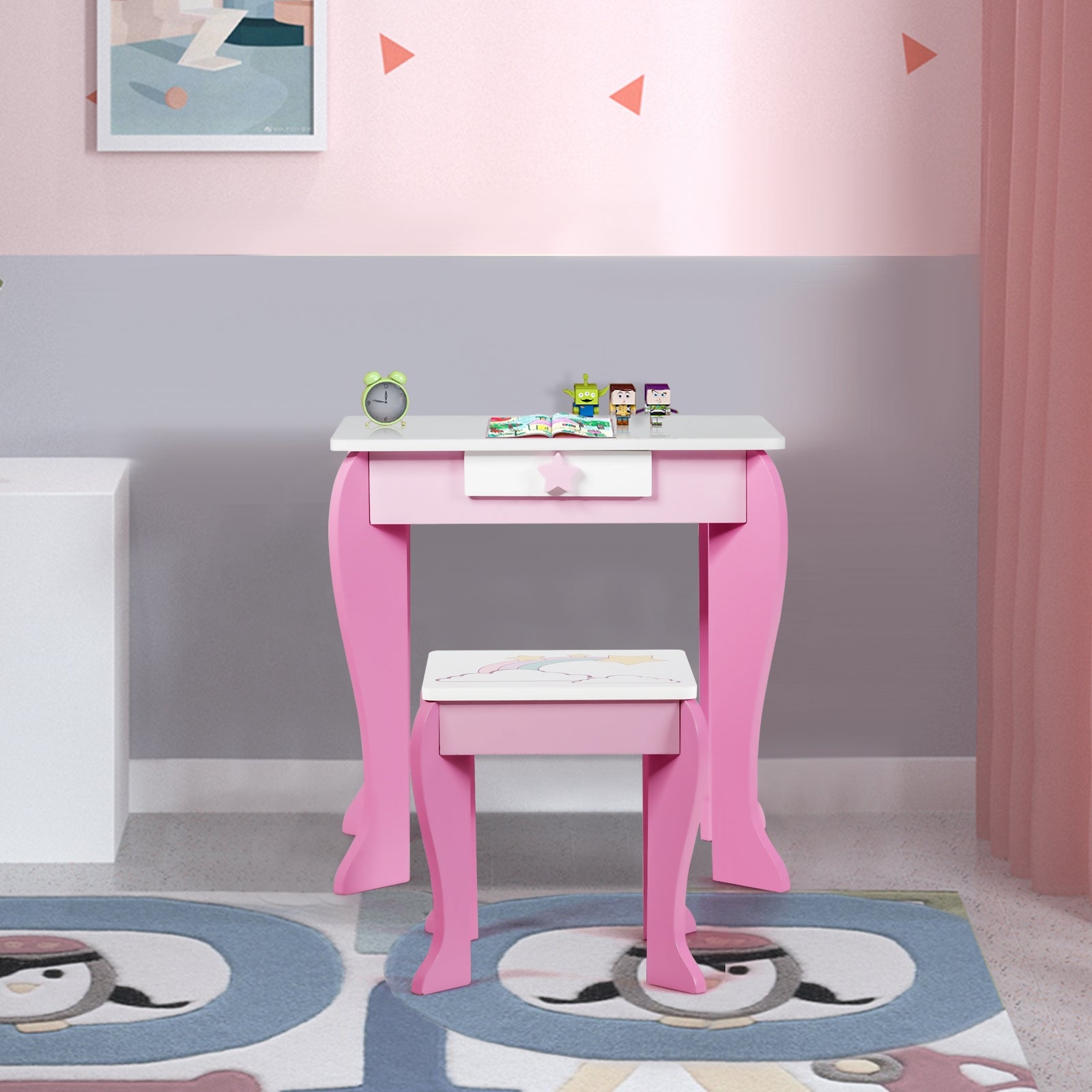 Tocador para Niñas con Taburete Espejo Desmontable y Cajón Blanco y Rosa 49,5 x 35,5 x 89 cm