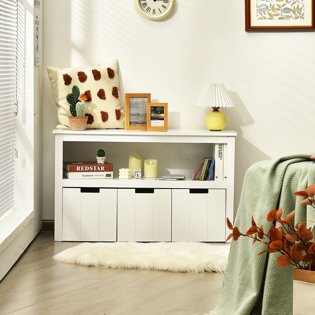 Armario con 3 Cajones Estante de Madera con Ruedas y Cubos para Juguetes de Niños Organizador para Salón Dormitorio Blanco 101 x 33 x 62 cm