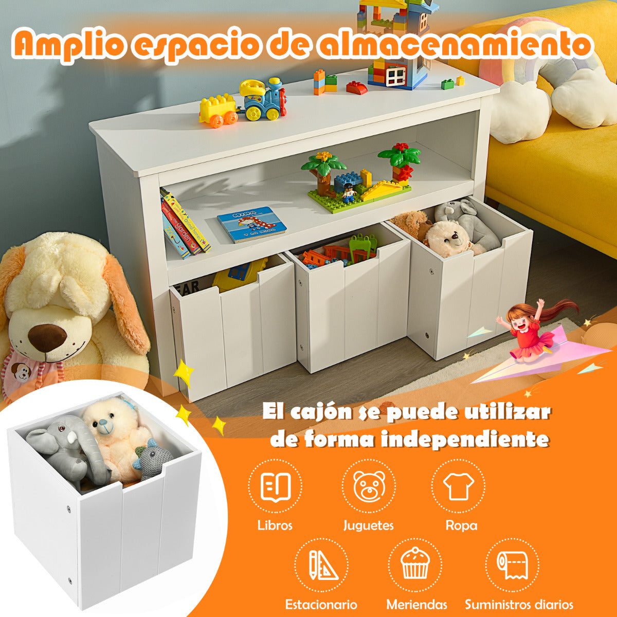 Armario con 3 Cajones Estante de Madera con Ruedas y Cubos para Juguetes de Niños Organizador para Salón Dormitorio Blanco 101 x 33 x 62 cm