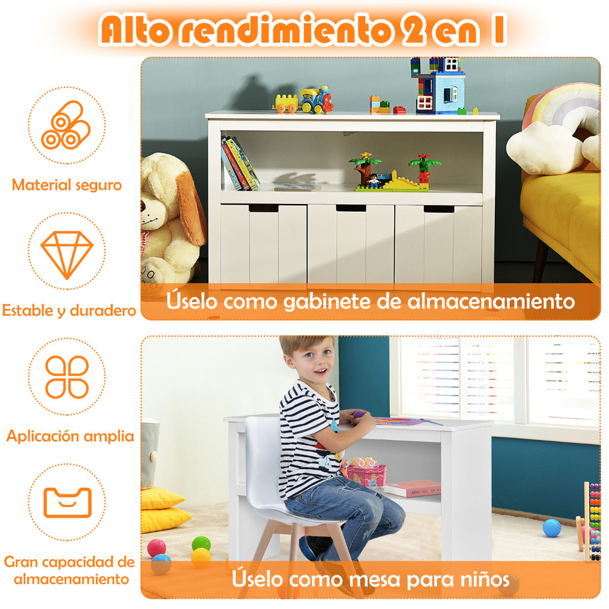 Armario con 3 Cajones Estante de Madera con Ruedas y Cubos para Juguetes de Niños Organizador para Salón Dormitorio Blanco 101 x 33 x 62 cm