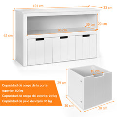 Armario con 3 Cajones Estante de Madera con Ruedas y Cubos para Juguetes de Niños Organizador para Salón Dormitorio Blanco 101 x 33 x 62 cm