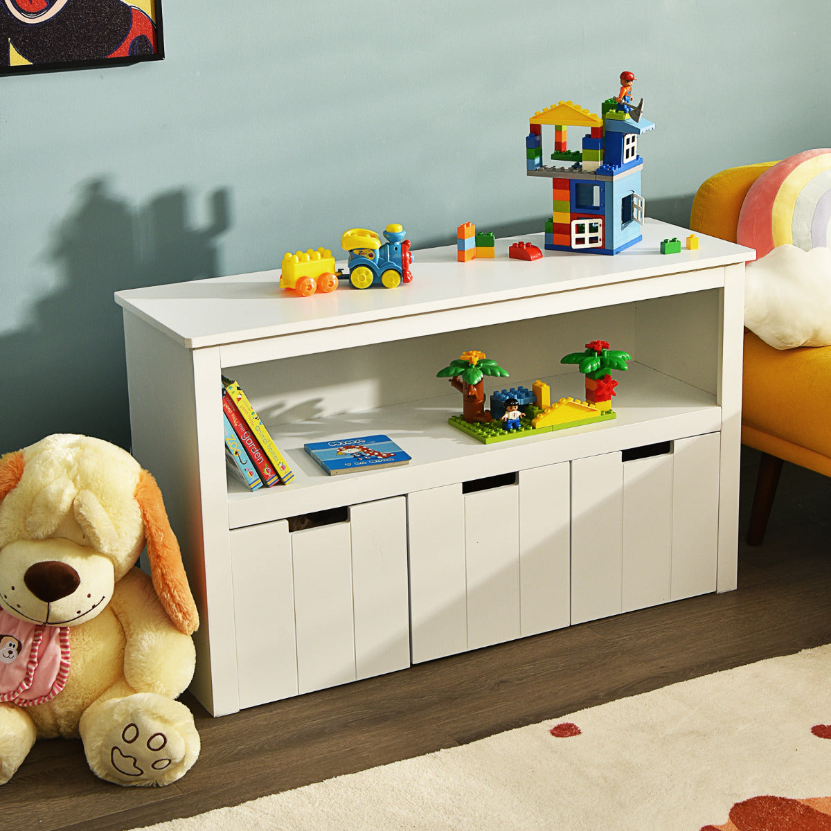 Armario con 3 Cajones Estante de Madera con Ruedas y Cubos para Juguetes de Niños Organizador para Salón Dormitorio Blanco 101 x 33 x 62 cm