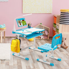 Set Escritorio y Silla para Niños Set Mesa Silla para Estudiar con Altura Regulable Luz LED Superficie Inclinada Cajón Extraíble en Casa Azul