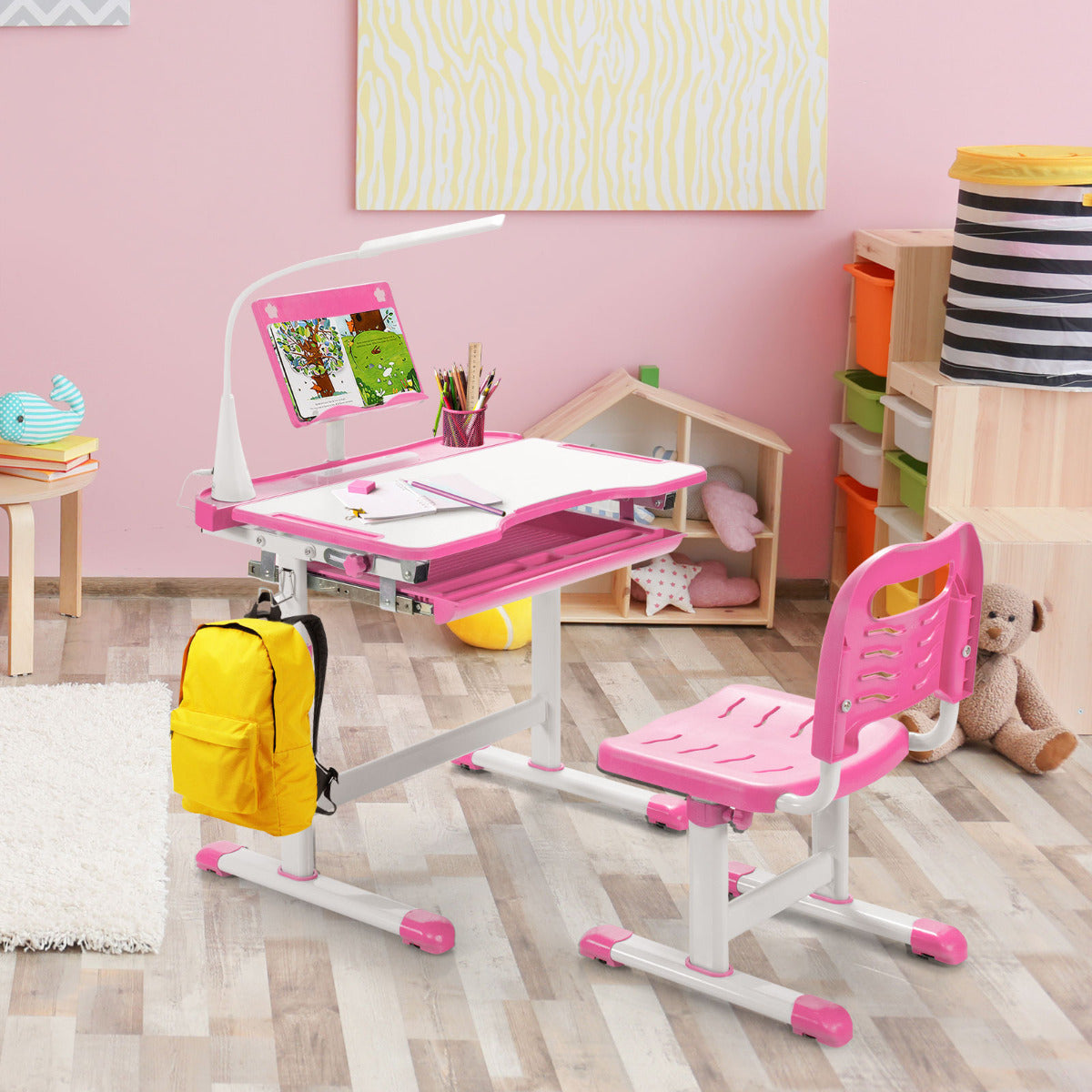 Set Escritorio y Silla para Niños Set Mesa Silla para Estudiar con Altura Regulable Luz LED Superficie Inclinada Cajón Extraíble en Casa Rosa