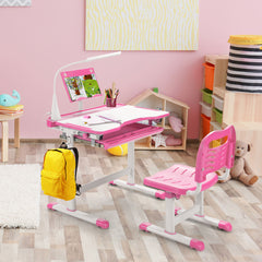 Set Escritorio y Silla para Niños Set Mesa Silla para Estudiar con Altura Regulable Luz LED Superficie Inclinada Cajón Extraíble en Casa Rosa