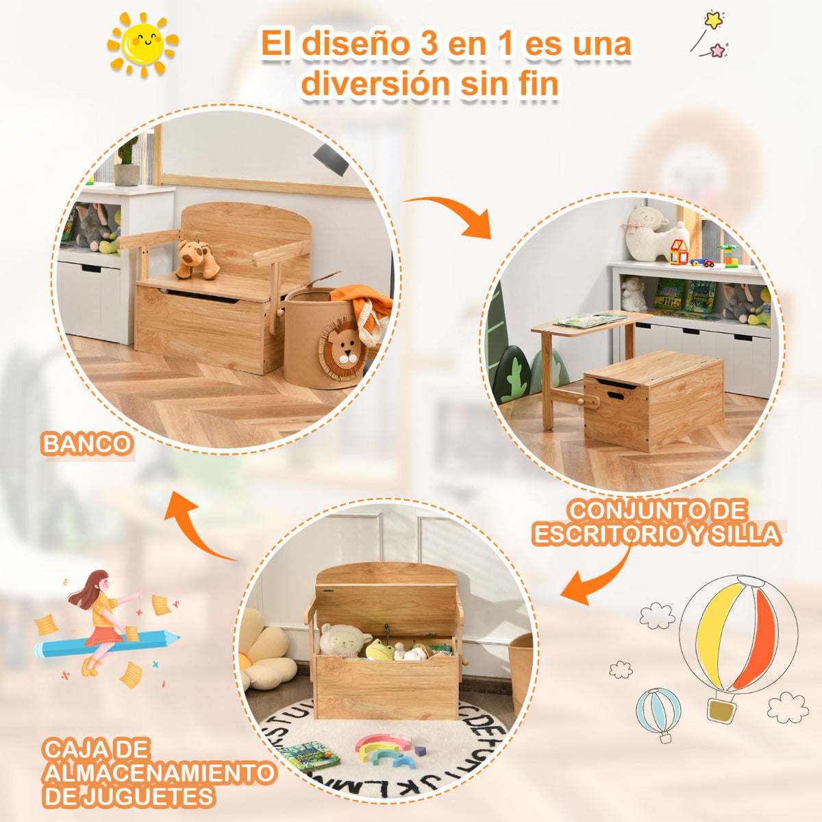 Set Mesa Actividad Convertible para Niños Set 3 en 1 Mesa y Silla Banco de Madera con Caja Almacenamiento para Juguetes Natural