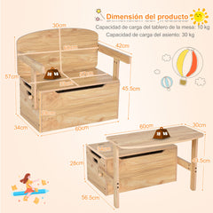 Set Mesa Actividad Convertible para Niños Set 3 en 1 Mesa y Silla Banco de Madera con Caja Almacenamiento para Juguetes Natural