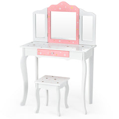 Set Mesa Tocador y Taburete para Niños Juego Mesa y Silla Maquillaje con Espejo Tripartido Desmontable Cajón Blanco y Rosa