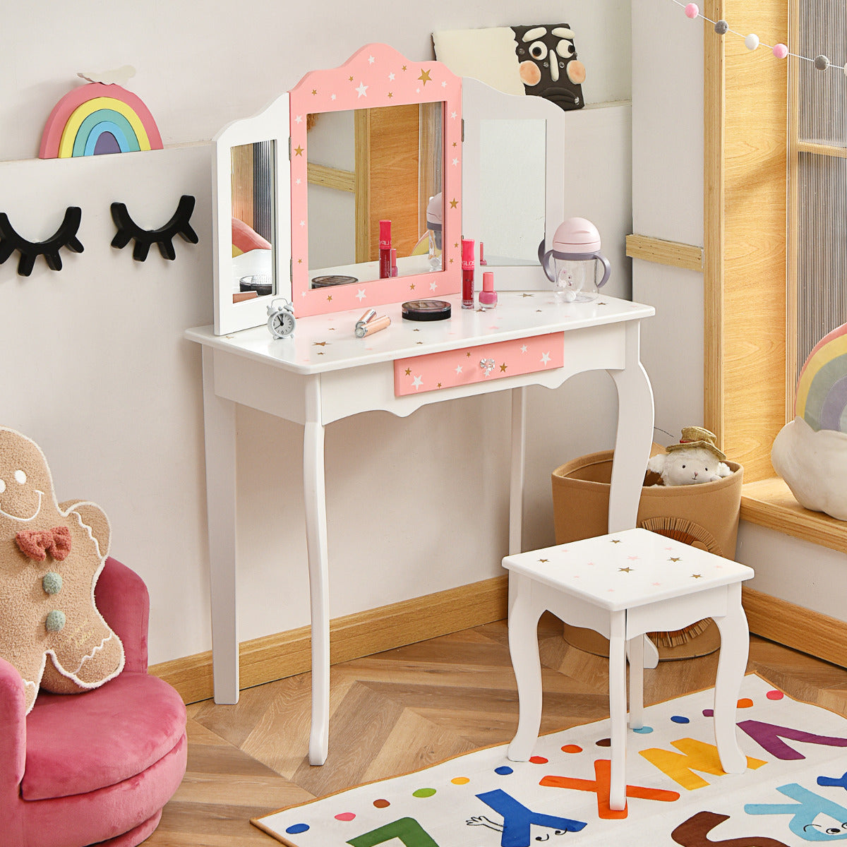 Set Mesa Tocador y Taburete para Niños Juego Mesa y Silla Maquillaje con Espejo Tripartido Desmontable Cajón Blanco y Rosa