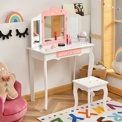 Set Mesa Tocador y Taburete para Niños Juego Mesa y Silla Maquillaje con Espejo Tripartido Desmontable Cajón Blanco y Rosa