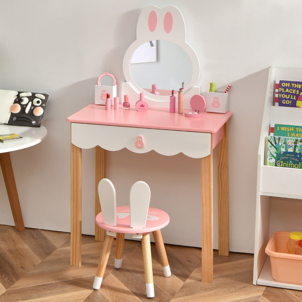 Set Mesa Tocador y Silla para Niños Juego de Tocador y Taburete para Maquillaje con Espejo Cajones Estilo de Conejo Rosa