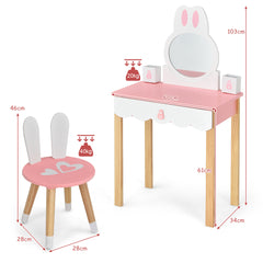 Set Mesa Tocador y Silla para Niños Juego de Tocador y Taburete para Maquillaje con Espejo Cajones Estilo de Conejo Rosa