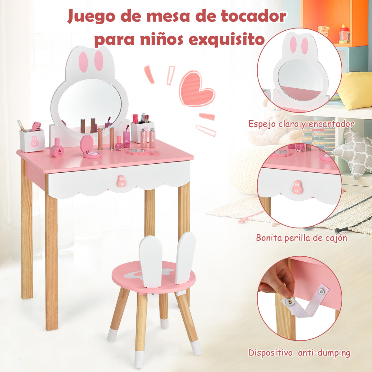 Set Mesa Tocador y Silla para Niños Juego de Tocador y Taburete para Maquillaje con Espejo Cajones Estilo de Conejo Rosa