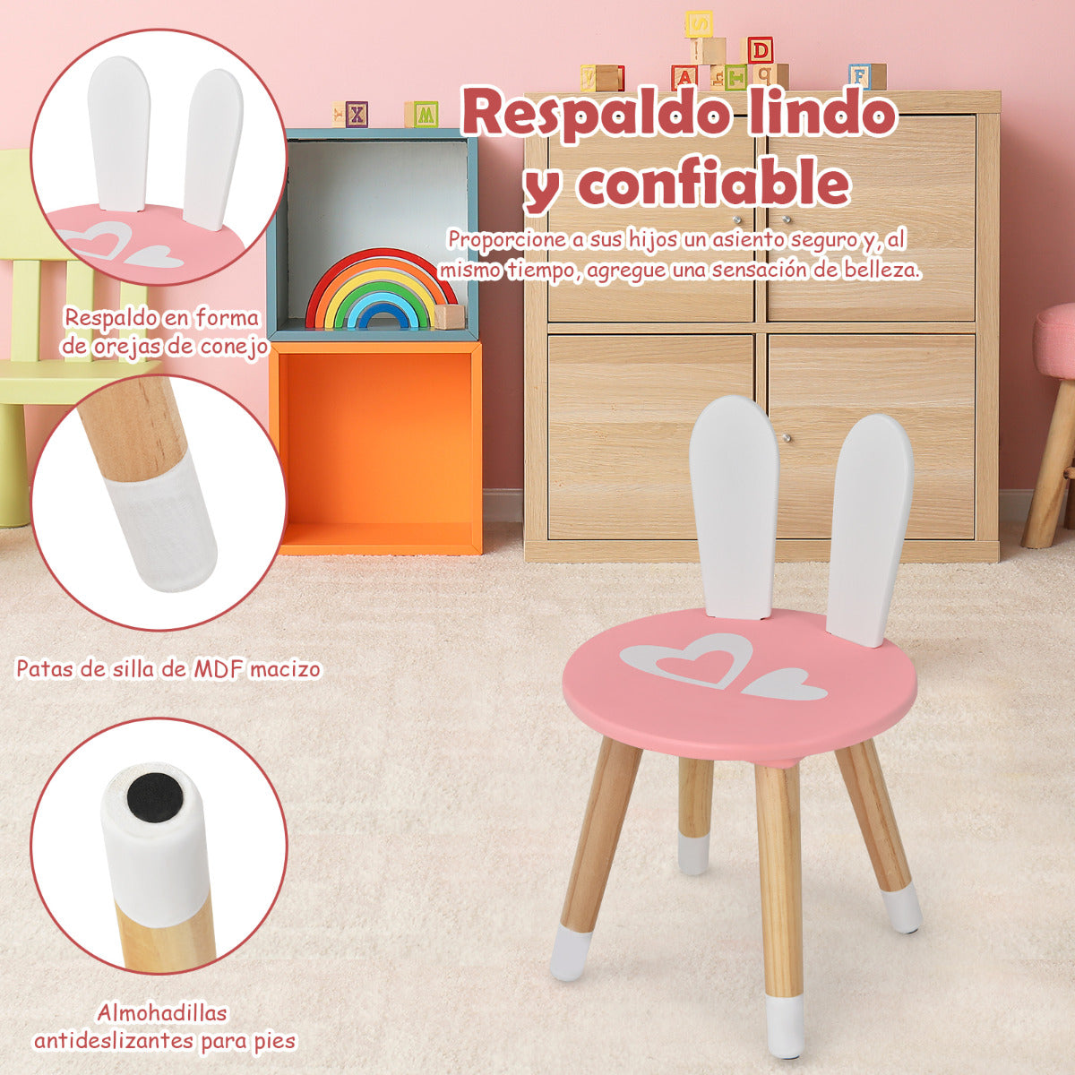 Set Mesa Tocador y Silla para Niños Juego de Tocador y Taburete para Maquillaje con Espejo Cajones Estilo de Conejo Rosa