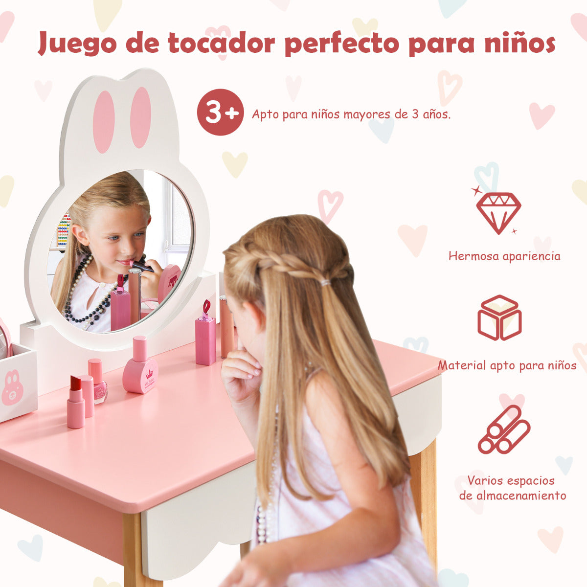 Set Mesa Tocador y Silla para Niños Juego de Tocador y Taburete para Maquillaje con Espejo Cajones Estilo de Conejo Rosa