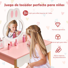 Set Mesa Tocador y Silla para Niños Juego de Tocador y Taburete para Maquillaje con Espejo Cajones Estilo de Conejo Rosa
