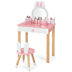 Set Mesa Tocador y Silla para Niños Juego de Tocador y Taburete para Maquillaje con Espejo Cajones Estilo de Conejo Rosa