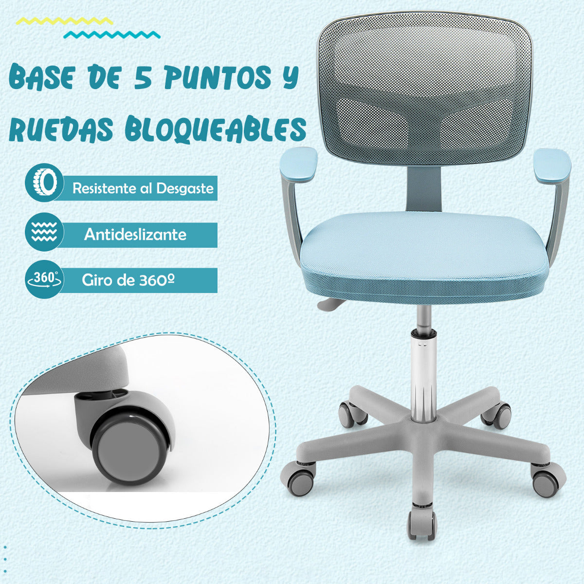 Silla Ergonómica para Escritorio para Niños con Ruedas Silla Giratoria de Ordenador Altura Regulable Soporte Lumbar Azul