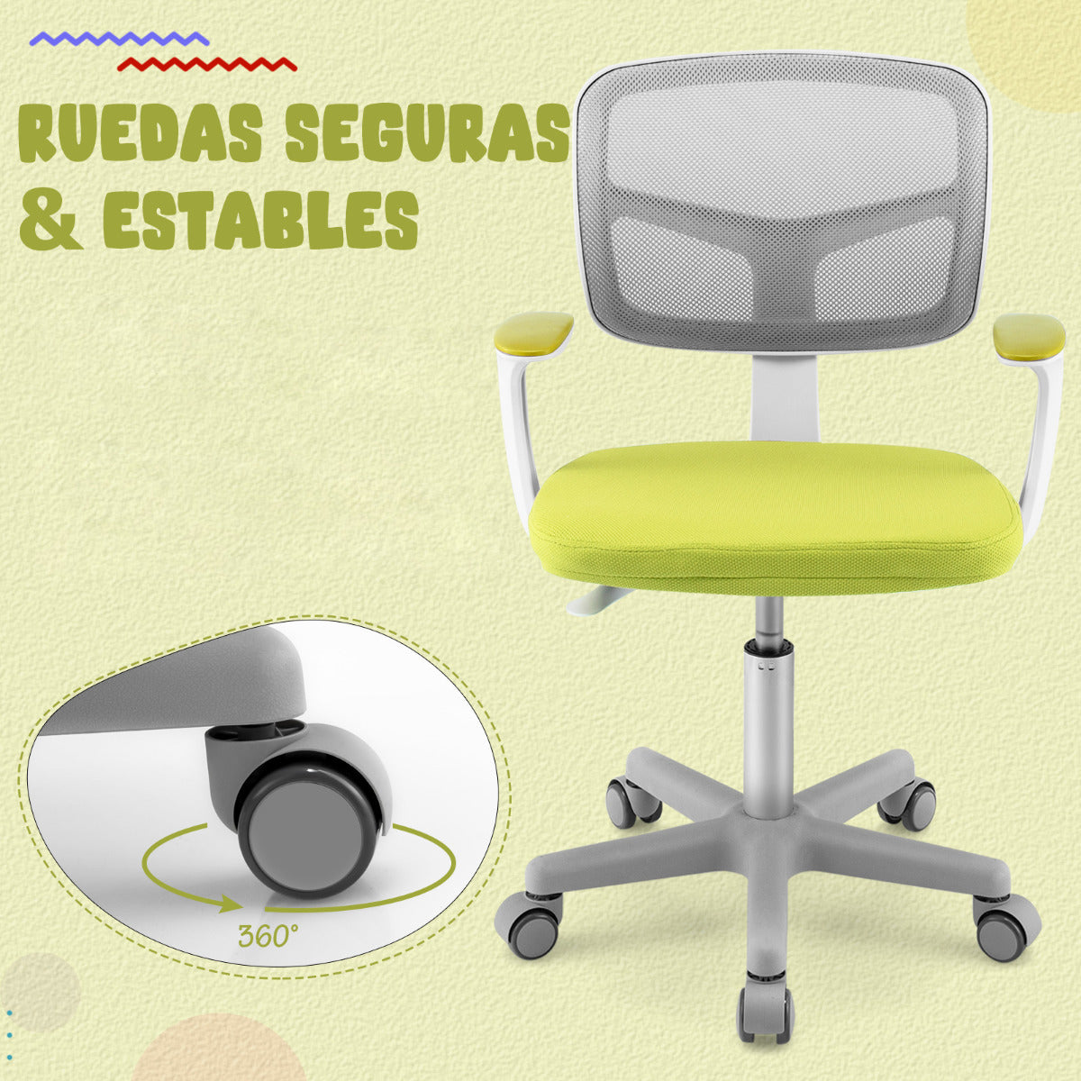 Silla Ergonómica para Escritorio para Niños con Ruedas Silla Giratoria de Ordenador Altura Regulable Soporte Lumbar Verde