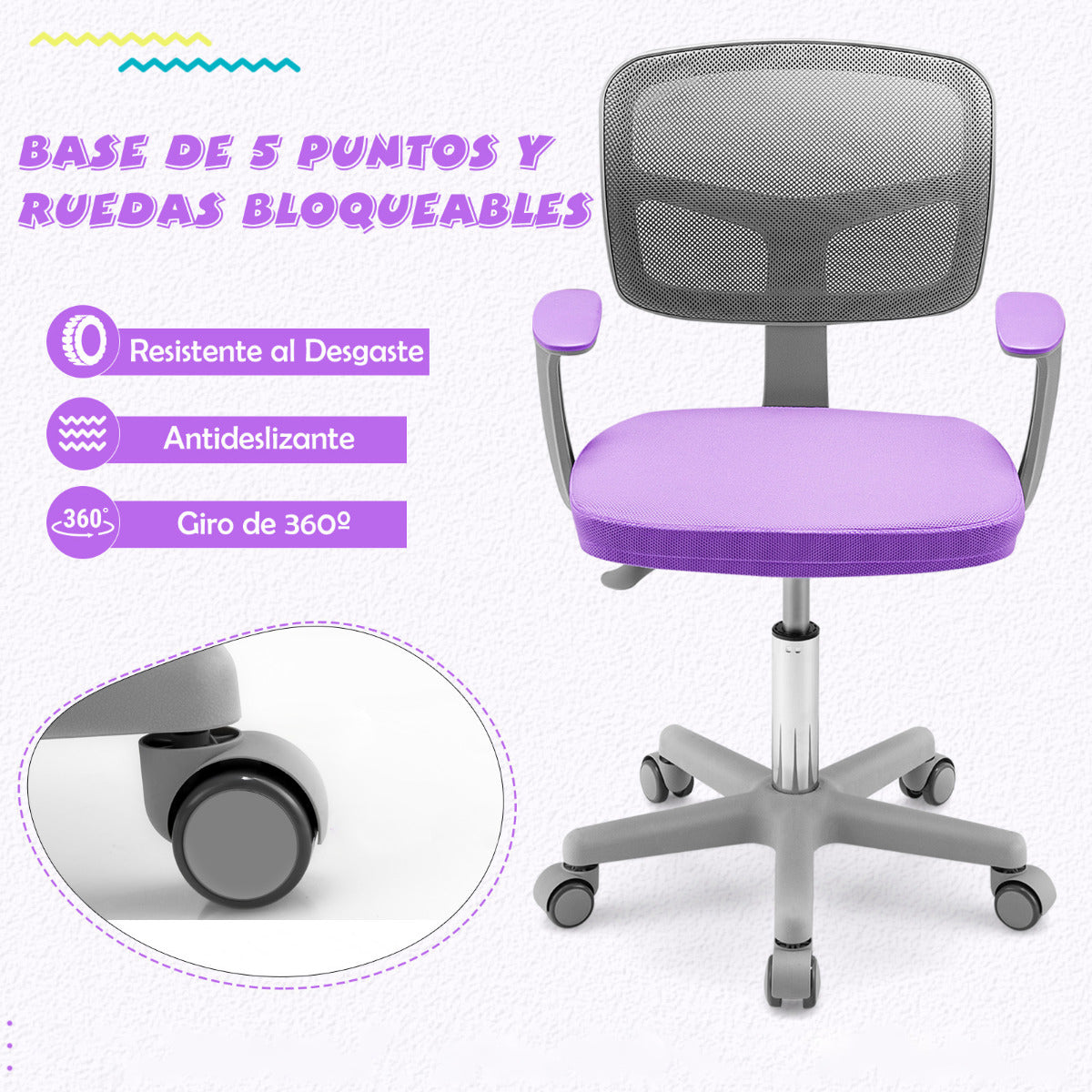 Silla Ergonómica para Escritorio para Niños con Ruedas Silla Giratoria de Ordenador Altura Regulable Soporte Lumbar Púrpura