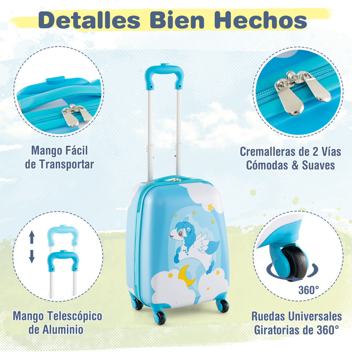 Juego de 2 Equipajes de Mano para Niños con Ruedas Maleta Mochila de Casco Duro Rodantes Portátiles Azul Claro