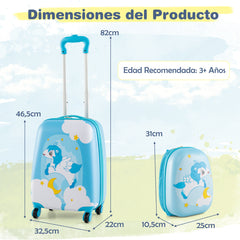 Juego de 2 Equipajes de Mano para Niños con Ruedas Maleta Mochila de Casco Duro Rodantes Portátiles Azul Claro