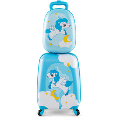 Juego de 2 Equipajes de Mano para Niños con Ruedas Maleta Mochila de Casco Duro Rodantes Portátiles Azul Claro