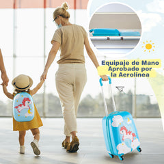 Juego de 2 Equipajes de Mano para Niños con Ruedas Maleta Mochila de Casco Duro Rodantes Portátiles Azul + Naranja
