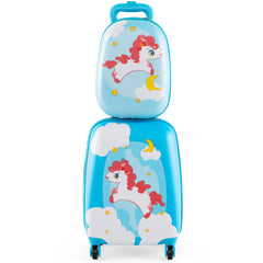 Juego de 2 Equipajes de Mano para Niños con Ruedas Maleta Mochila de Casco Duro Rodantes Portátiles Azul + Naranja