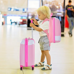 Juego de 2 Equipajes de Mano para Niños con Ruedas Maleta Mochila de Casco Duro Rodantes Portátiles Rosa + Multicolor