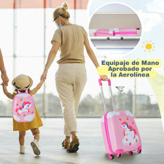 Juego de 2 Equipajes de Mano para Niños con Ruedas Maleta Mochila de Casco Duro Rodantes Portátiles Rosa + Multicolor